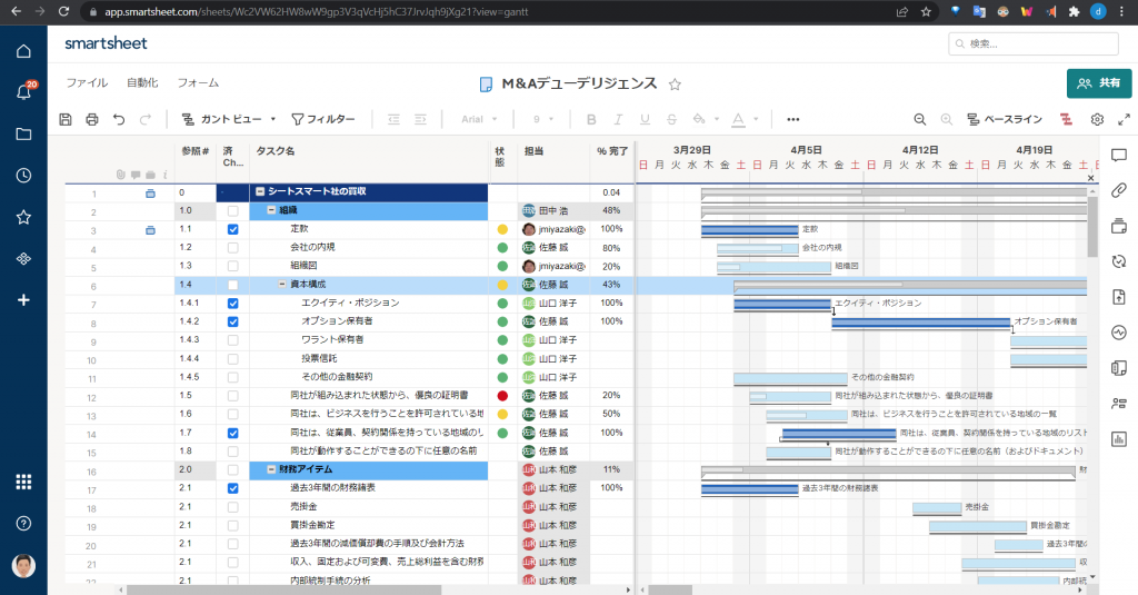 Example of complex project management sheet (Gantt chart)