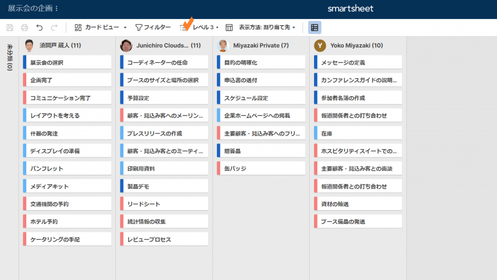 カードビューのレベル３を設定し、実際のタスクのみが表示されるようにしている